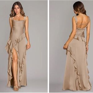 Azazie Asymmetrical Taupe Satin Stretch Dress